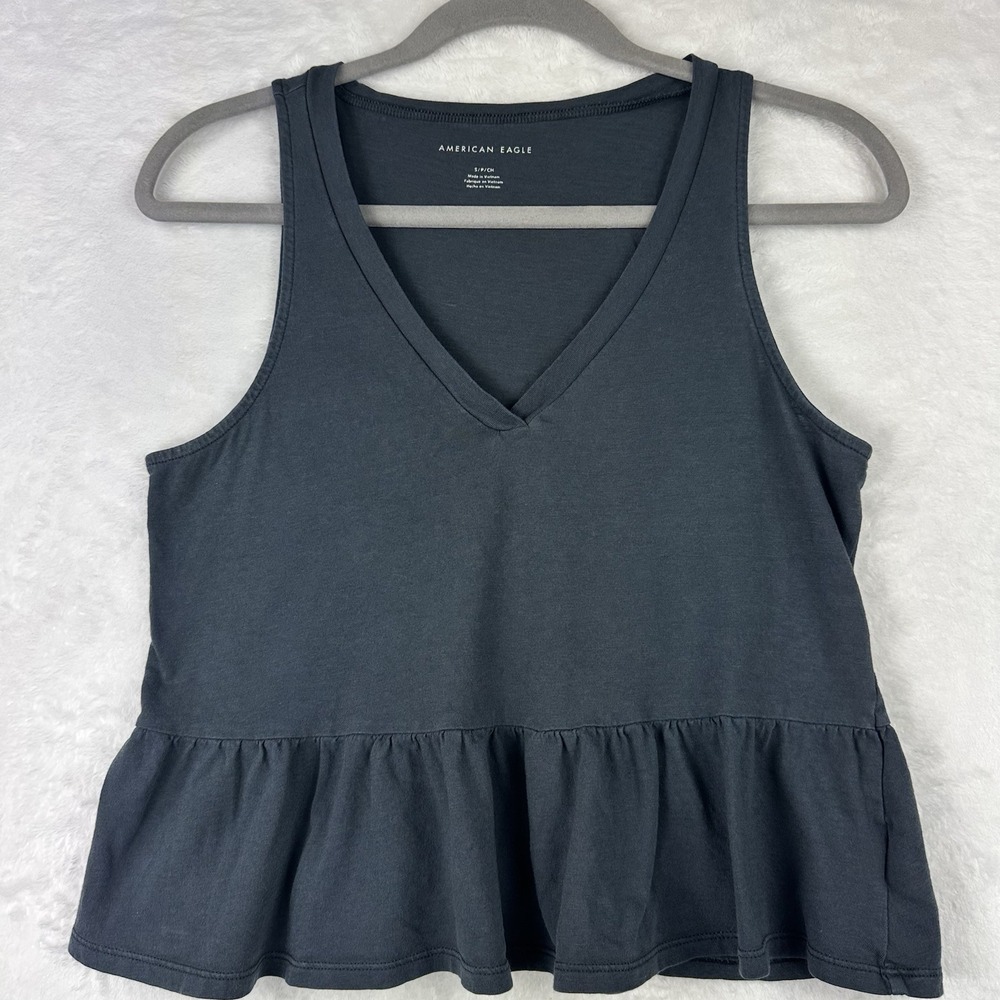 American Eagle Womens Black Tank Cropped Peplum Top‎ Shirt Sz S
